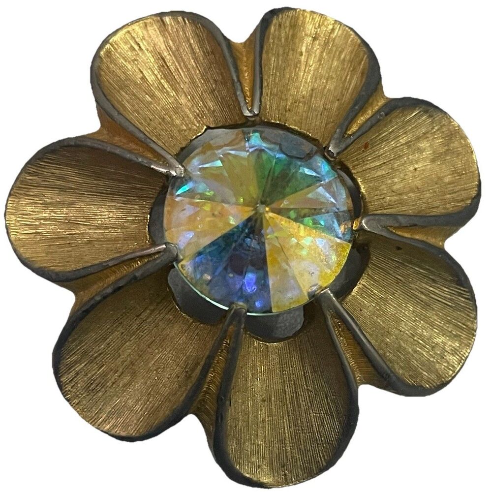 VTG Aurora Borealis AB Rhinestone Flower Brooch Gold Tone Iridescent 1.5" Pin